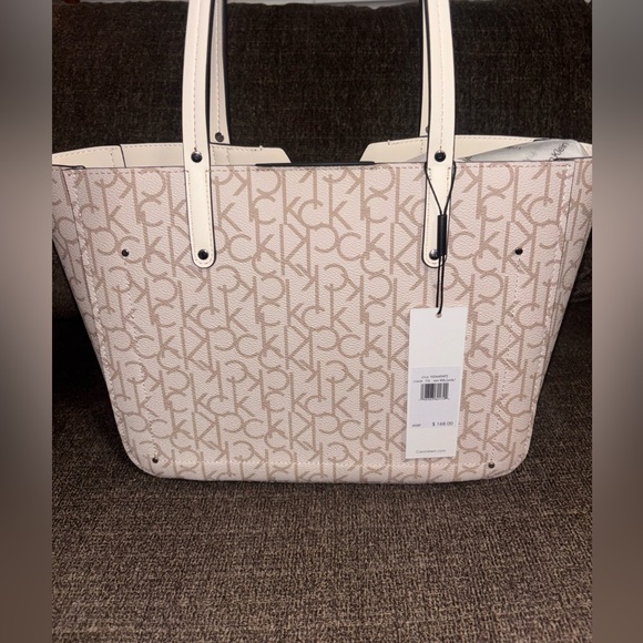 NWT Calvin Klein Cream Logo Tote Bag with Floral Design - Picture 2 of 7